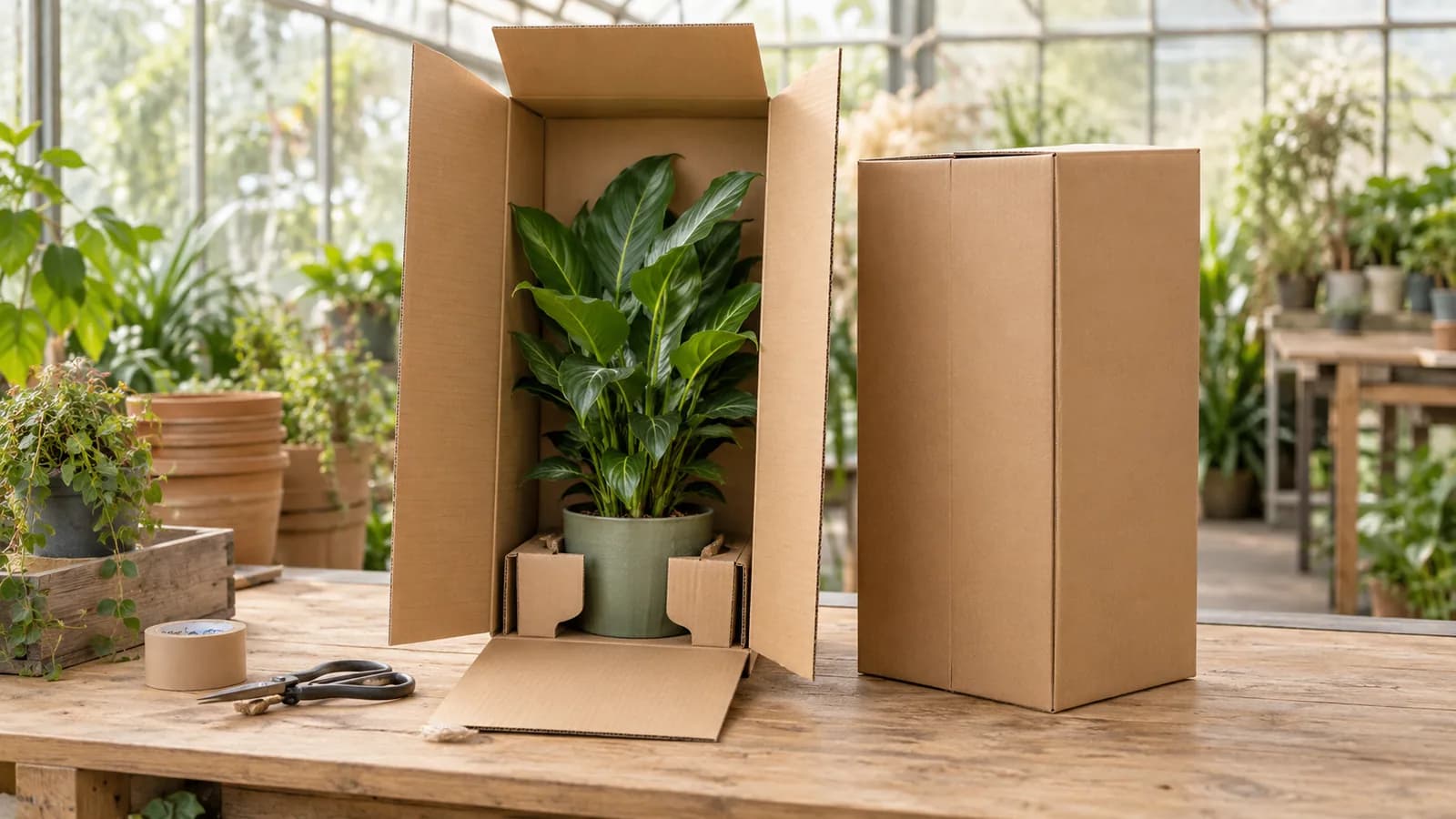 Kamerplant rechtop in een plantendoos met een kartonnen inzet die de pot fixeert.
