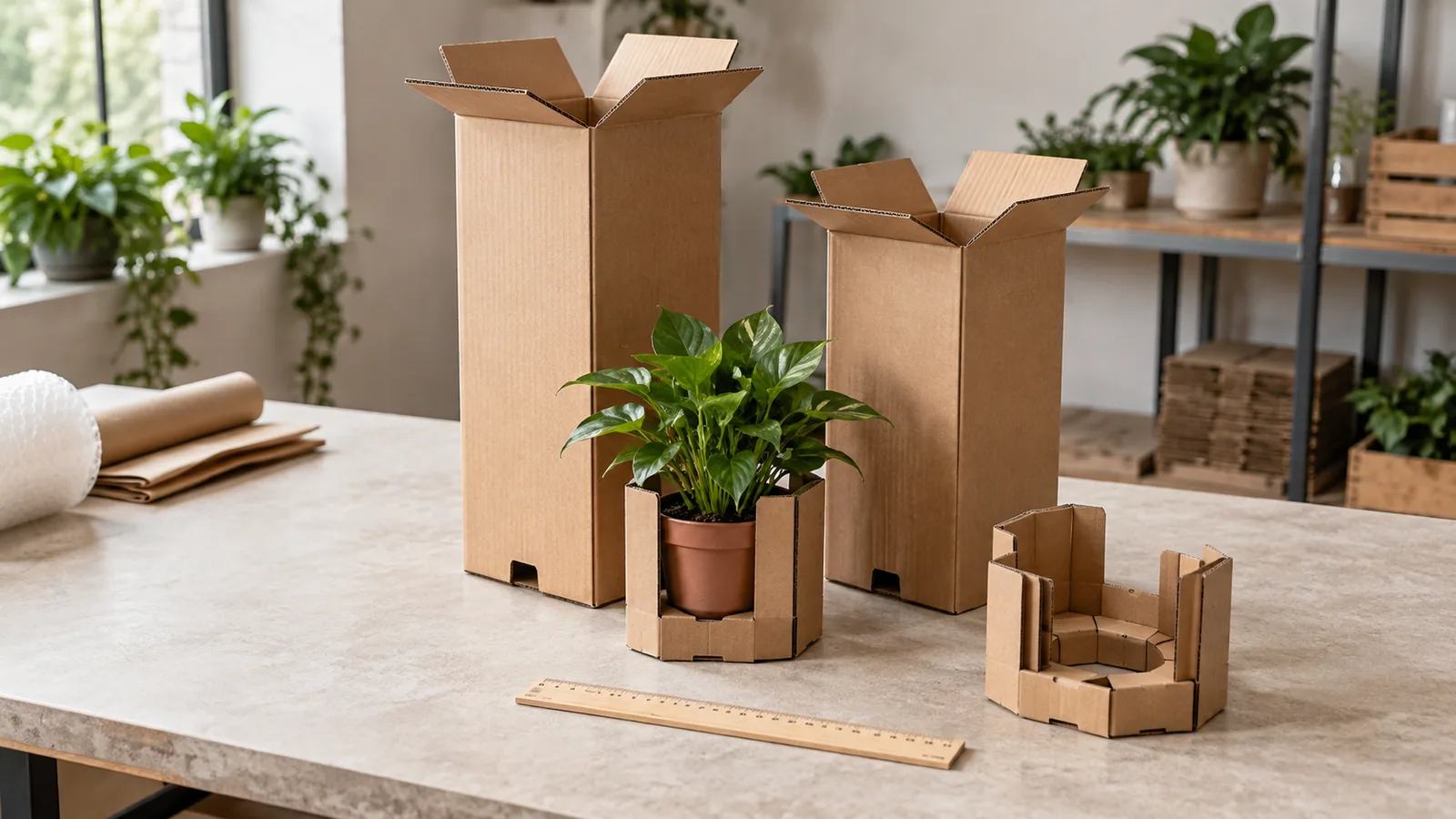 Plantendozen in verschillende hoogtes met een kamerplant en kartonnen potfixatie.